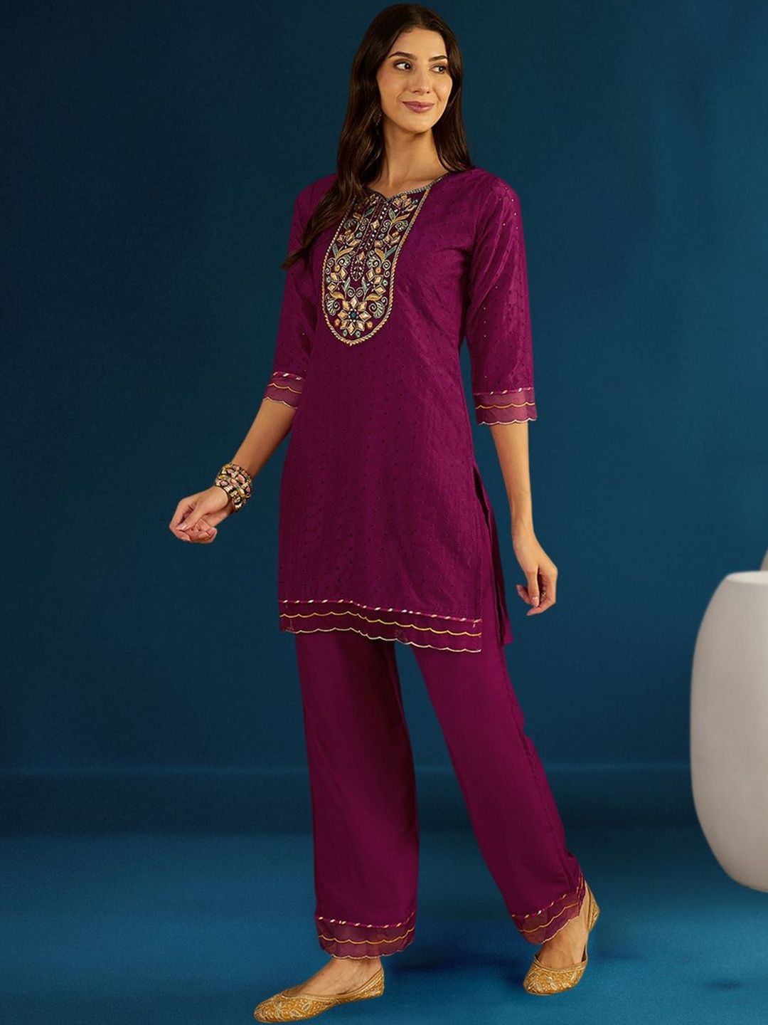 Dhiyona CH Women Ethnic Motifs Embroidered Regular Thread Work Kurta with Patiala