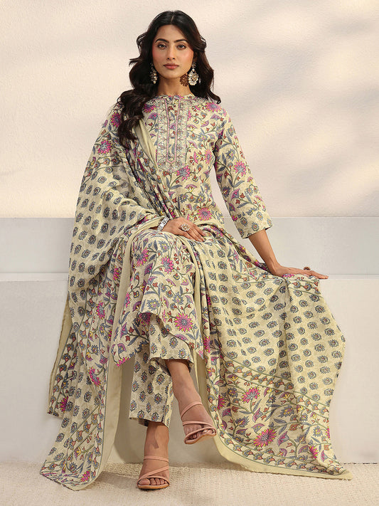 Women Floral Printed Regular Thread Work Kurta with Trousers & With Dupatta