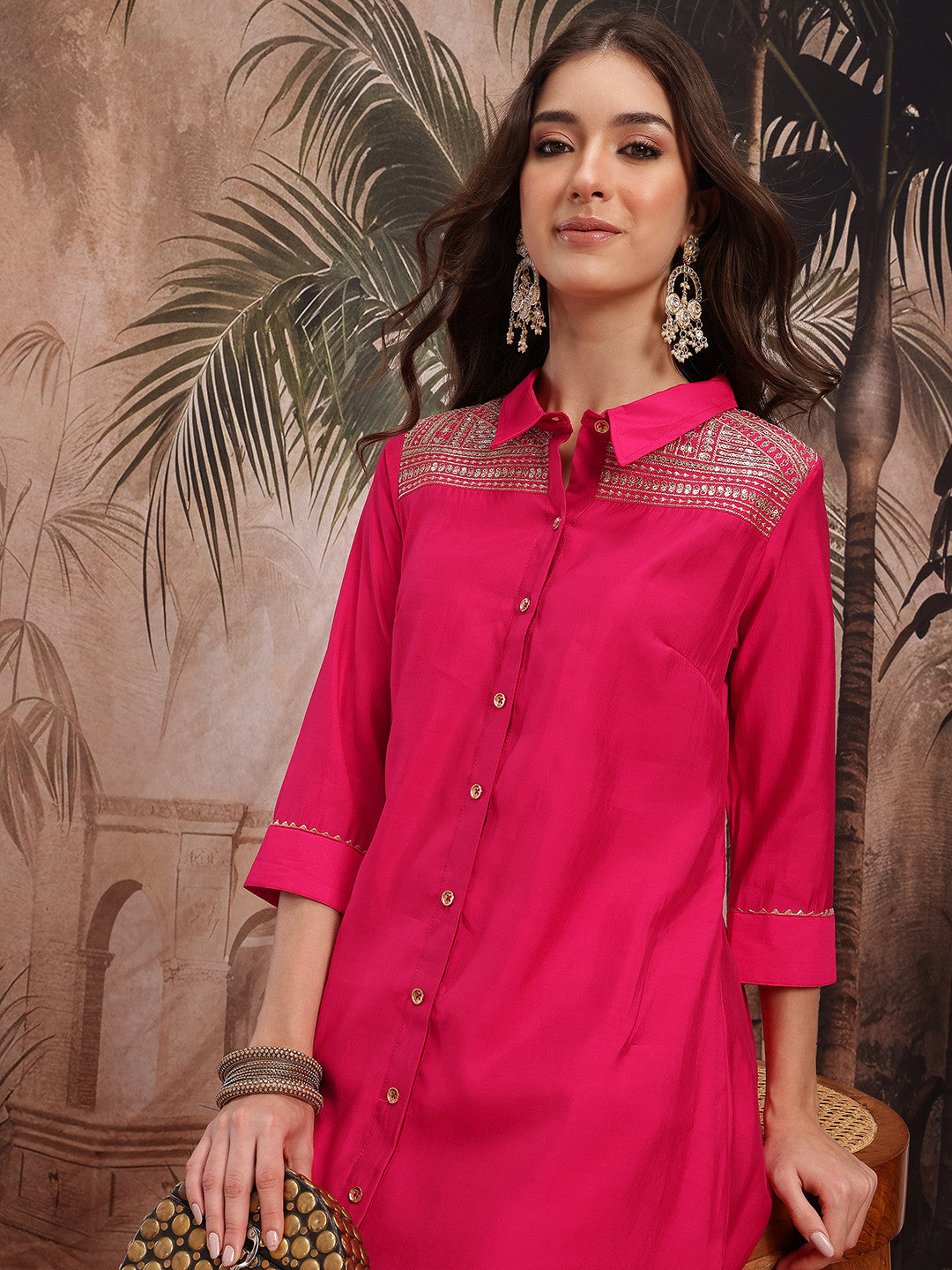 Yoke Design Sequinned Shirt Collar Kurta with Trouser
