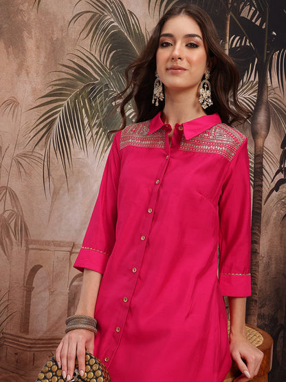 Yoke Design Sequinned Shirt Collar Kurta with Trouser