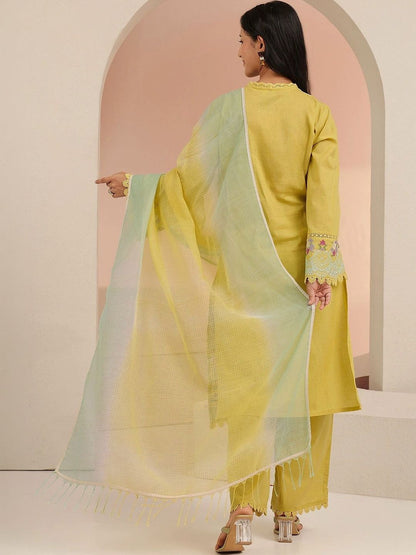 Yellow Floral Embroidered Cotton Straight Suit Set