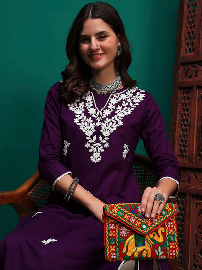 Floral Embroidered Chikankari Pure Cotton Straight Kurta With Trouser And Dupatta