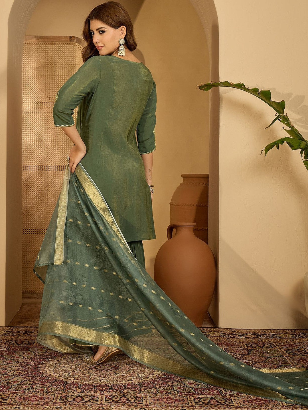 Women Olive Embroidered Kurta Sets With Dupatta