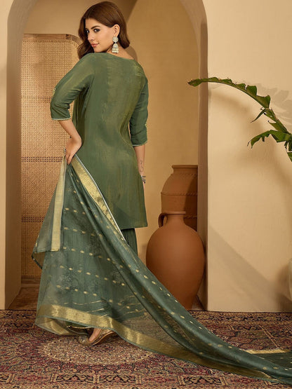 Women Olive Embroidered Kurta Sets With Dupatta