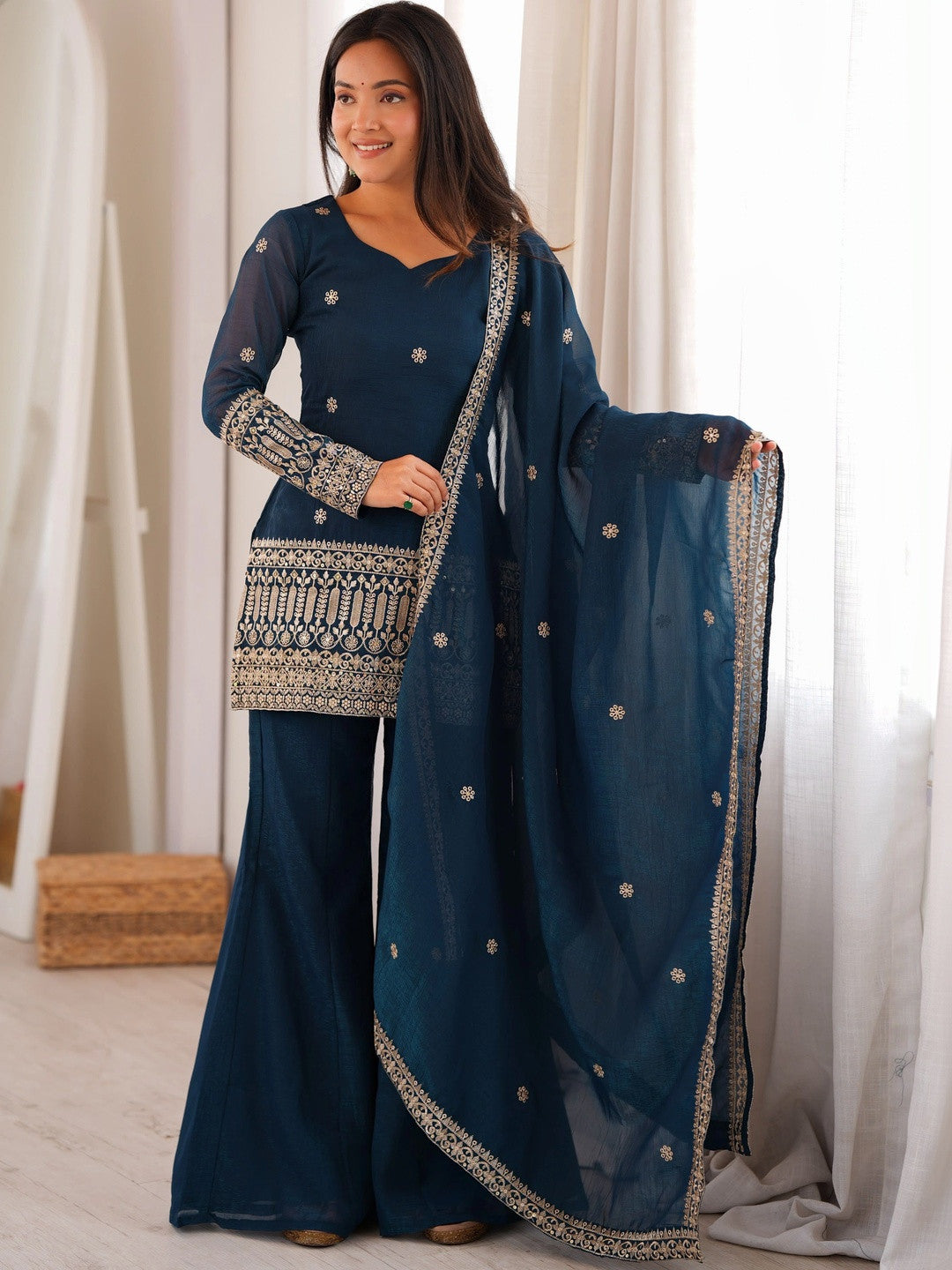 Women Ethnic Motifs Embroidered Regular Kurta with Sharara & With Dupatta