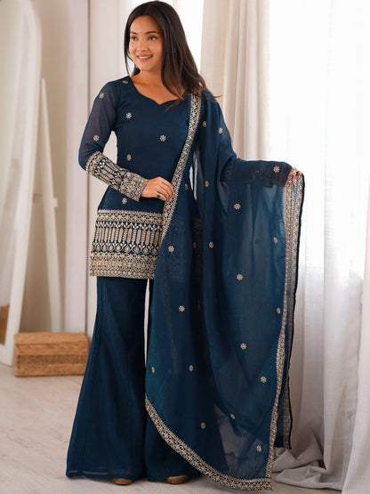 Women Ethnic Motifs Embroidered Regular Kurta with Sharara & With Dupatta