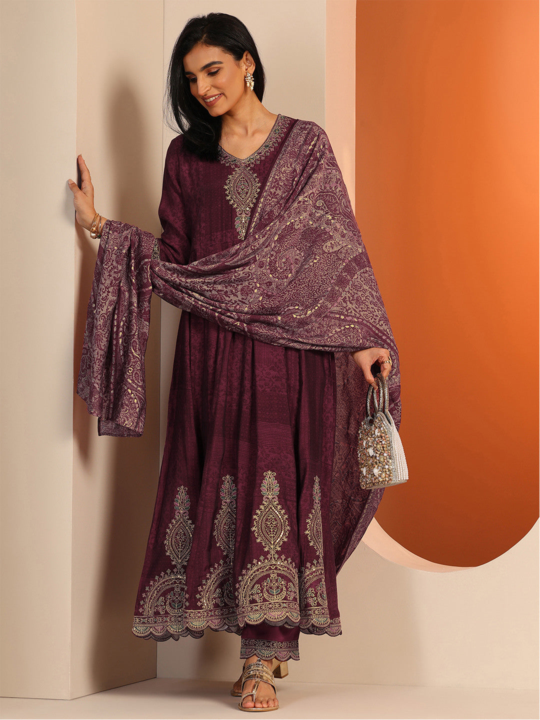 Womens Maroon Printed Anarkali Kurta With Trousers & Dupatta