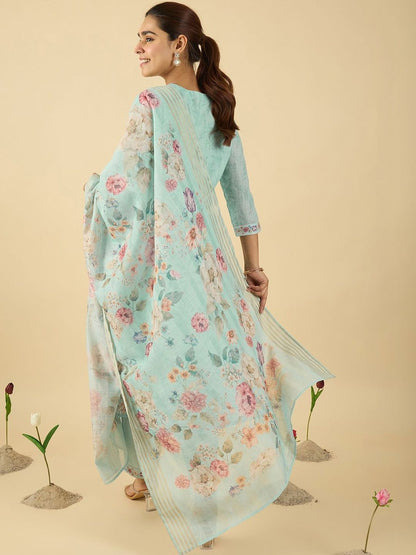 Women Floral Embroidered Regular Thread Work Linen Kurta with Trousers & With Dupatta
