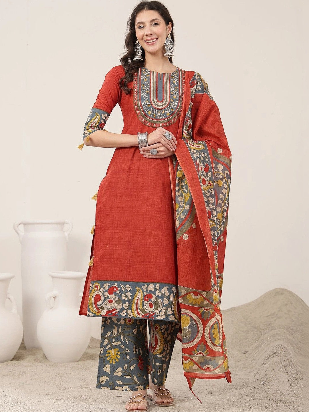 Women Ethnic Motifs Printed Regular Pure Cotton Kurta with Palazzos & With Dupatta