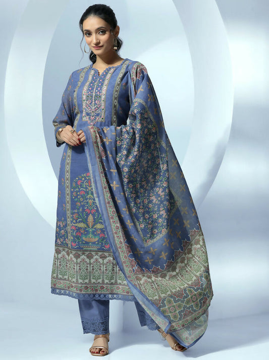 Women's LB Blue Printed Linen Straight Suit With Dupatta