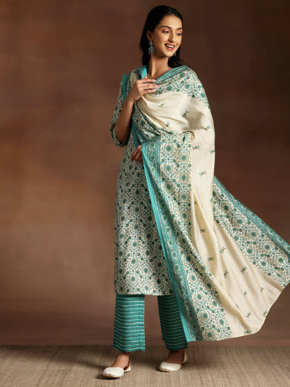 Women's LB Blue Printed Silk Blend Straight Suit With Dupatta