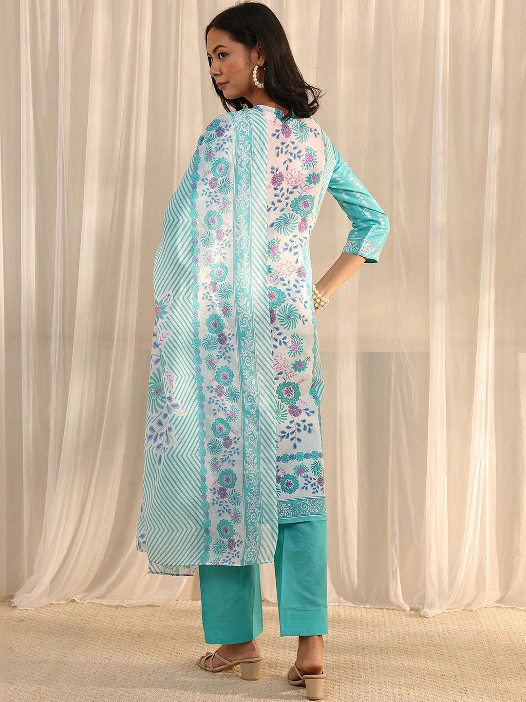 Libas Blue Floral Printed Straight Suit Set with Dupatta