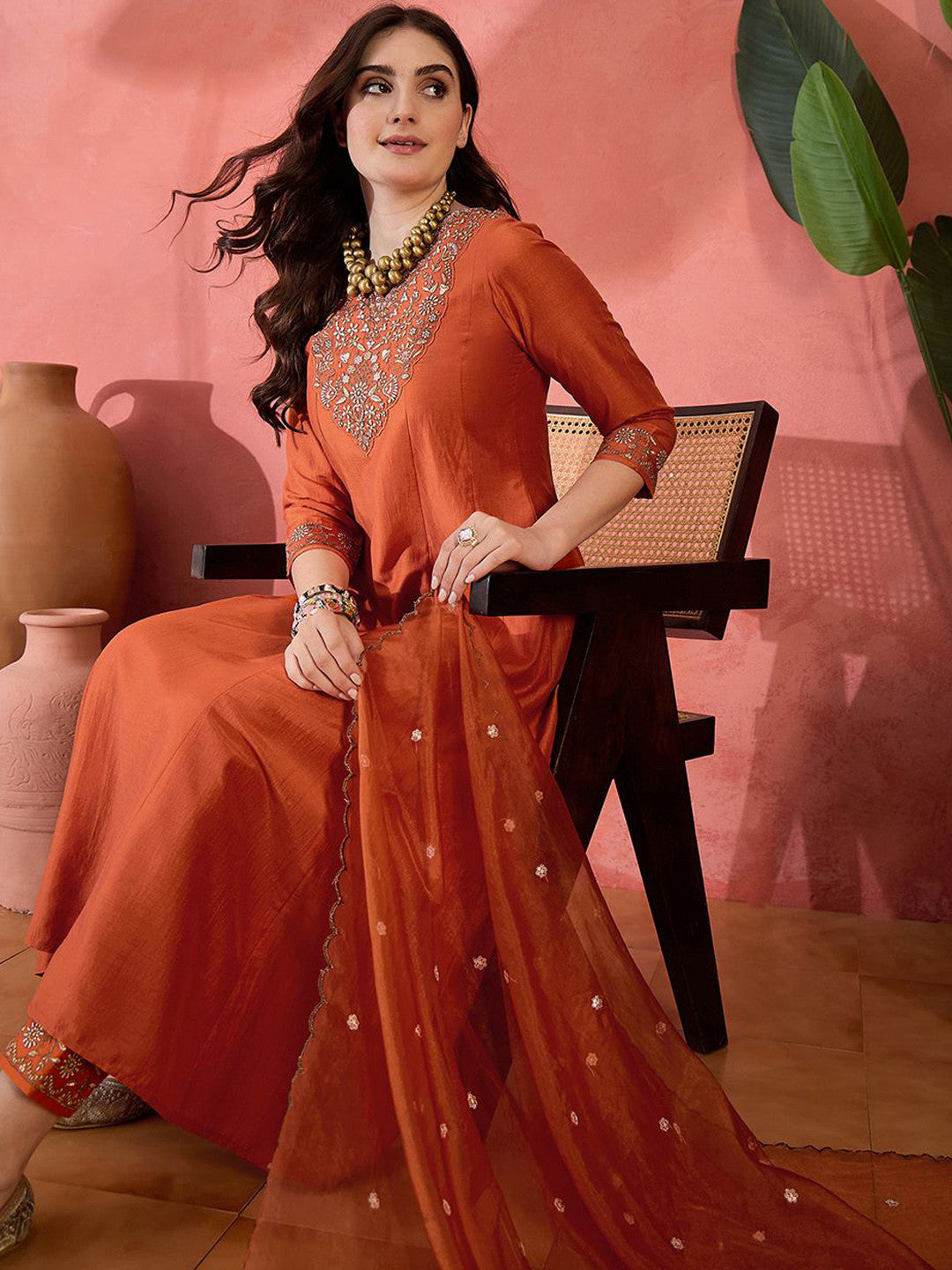 Zari Sequence Embroidered A-Line Kurta & Trousers With Dupatta
