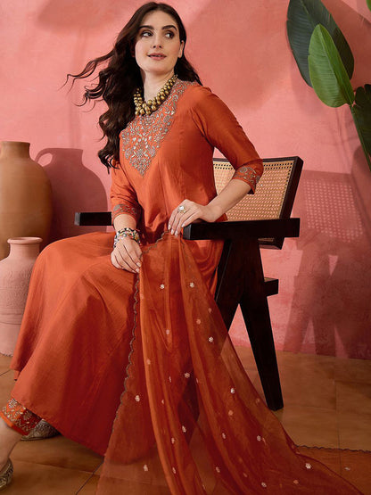 Zari Sequence Embroidered A-Line Kurta & Trousers With Dupatta