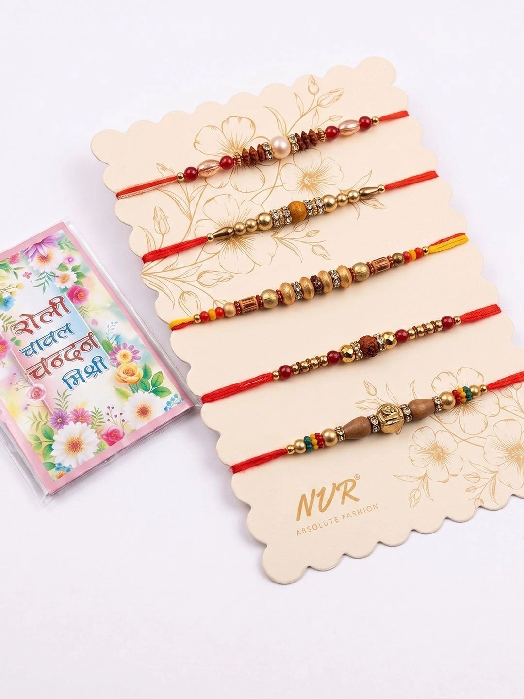 Dhiyona Set Of 5 Multicolor Designer Thread Rakhi With Roli Chawal Chandan Mishri