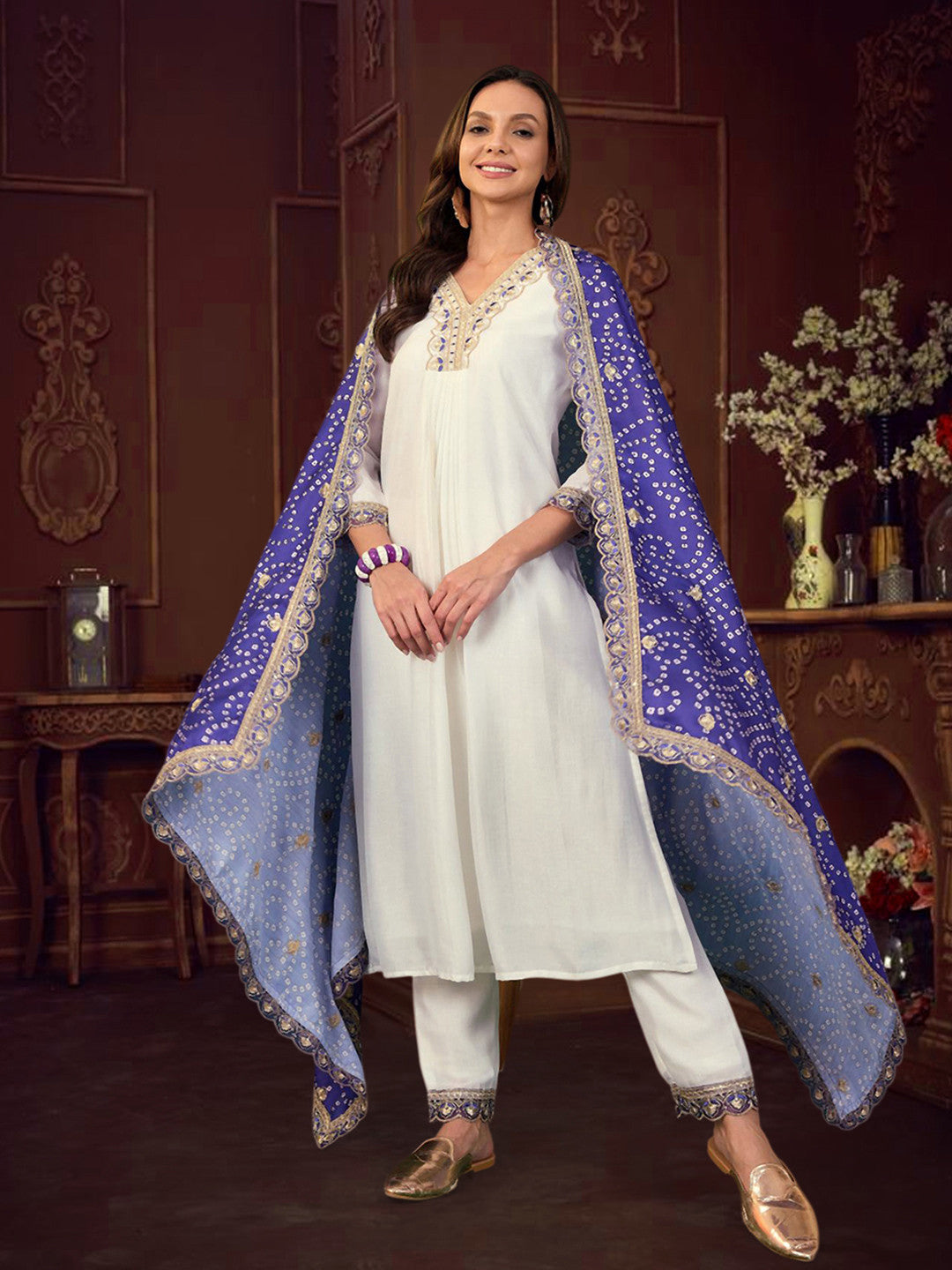 Floral Yoke Design V-Neck Pleated Sequinned Straight Kurta With Trouser & Dupatta