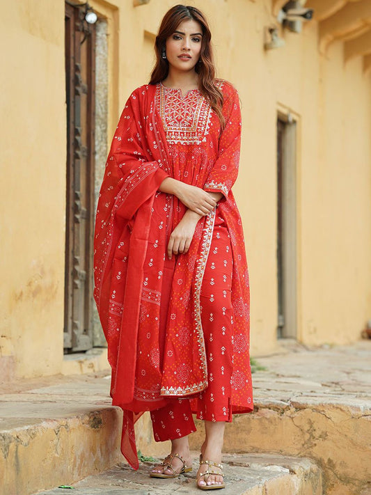 Dhiyona KL Bandhani Printed Thread Work Pure Cotton Kurta With Trousers & Dupatta
