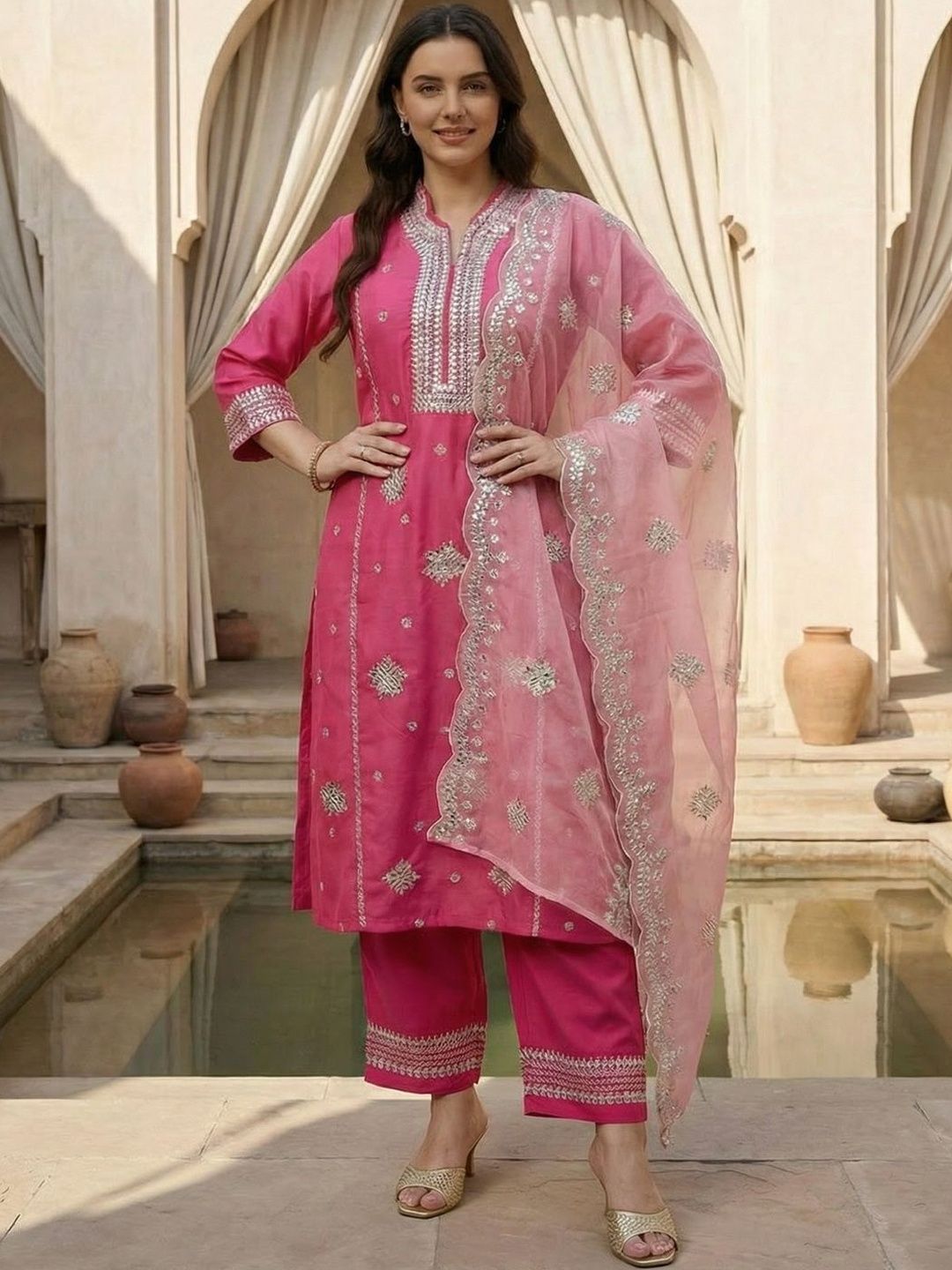 Dhiyona Women's Ethnic Motifs Embroidered Regular Thread Work Kurta with Trousers & With Dupatta