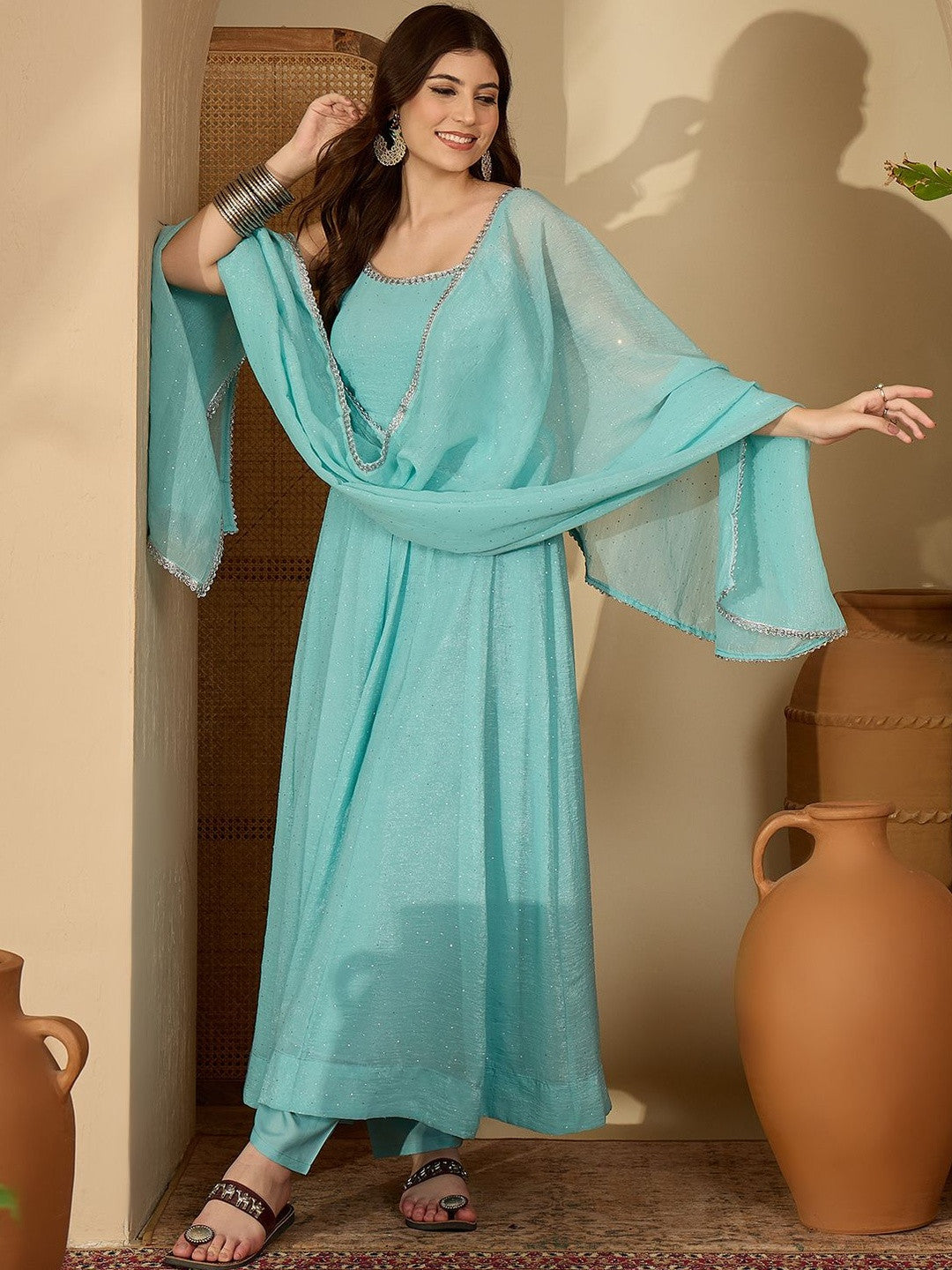 Women Printed Regular Sequinned Kurta with Trousers & With Dupatta