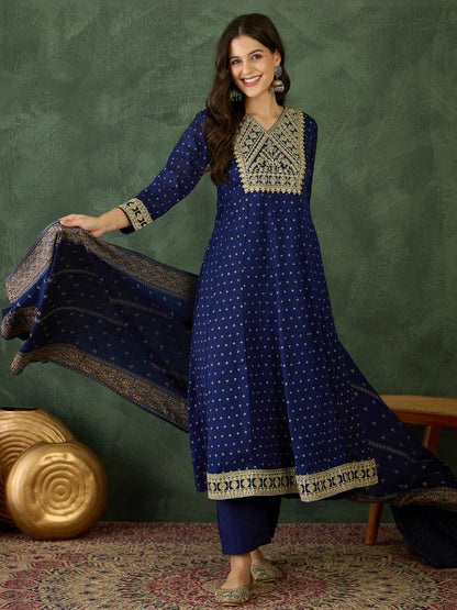 Dhiyona KL Women Blue Art Silk Embroidered Republic Day Republic Day Kurta Sets