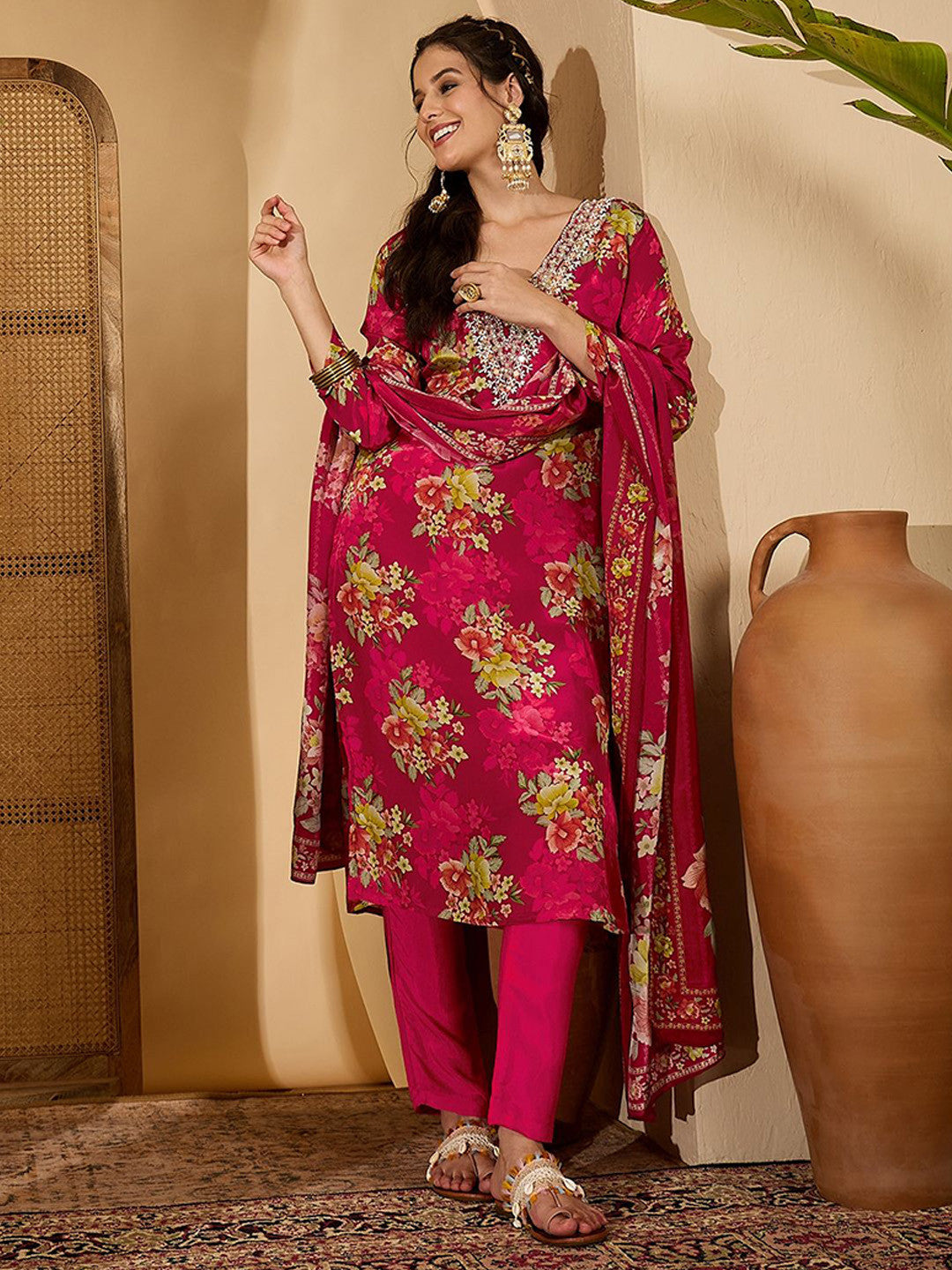 Women Floral Printed Silk Kurta with Trousers & Dupatta