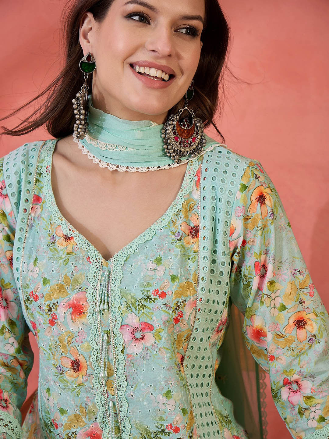 Floral Embroidered V-Neck Sequinned Cotton Straight Kurta With Trouser & Dupatta