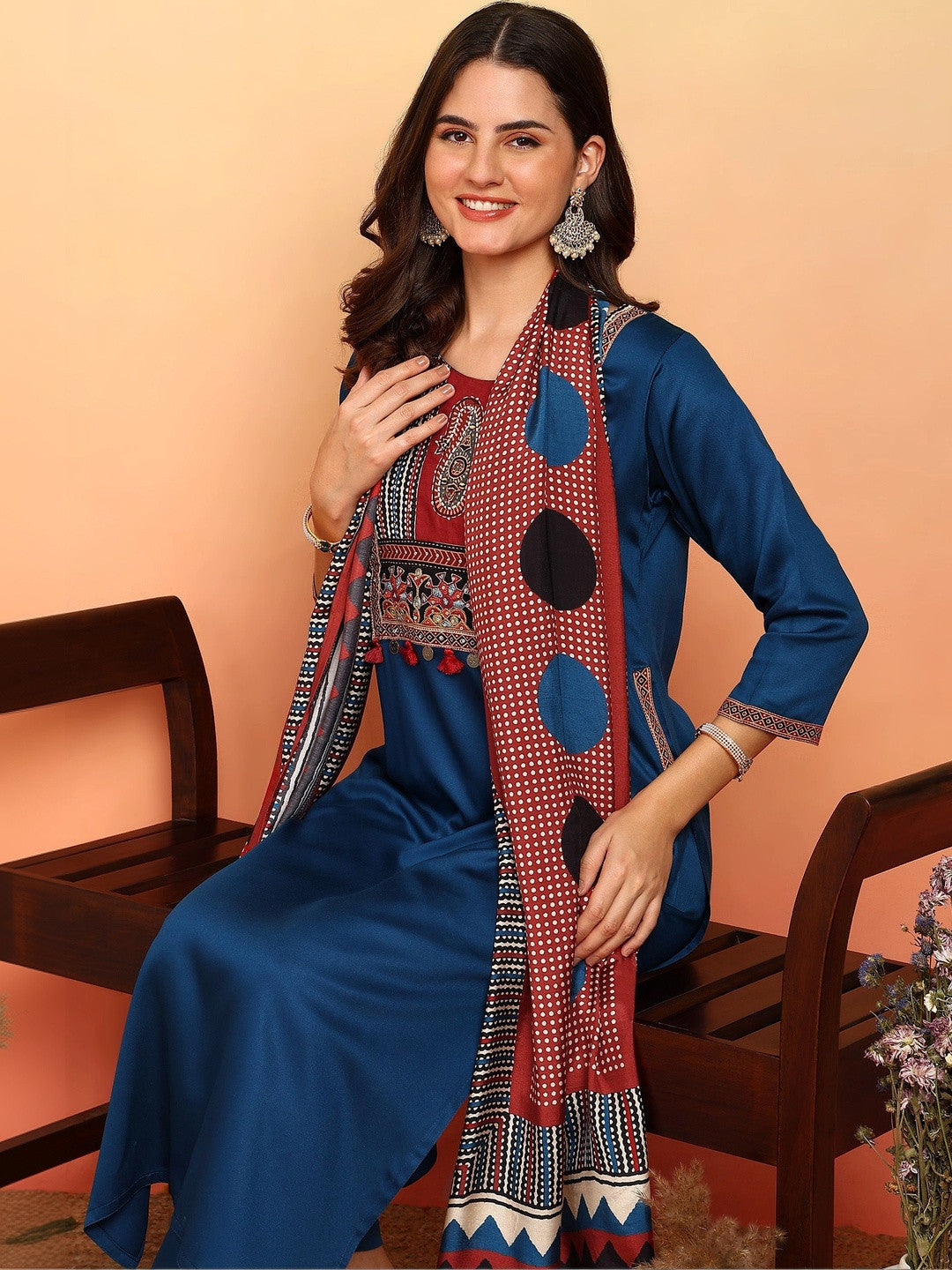 Women Ethnic Embroidered Regular Pure Cotton Kurta with Trousers & With Dupatta