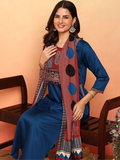Women Ethnic Embroidered Regular Pure Cotton Kurta with Trousers & With Dupatta