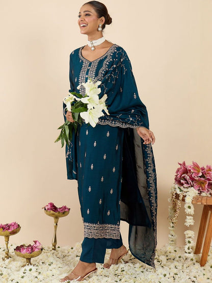 Women Ethnic Motifs Embroidered Regular Thread Work Kurta with Trousers & With Dupatta