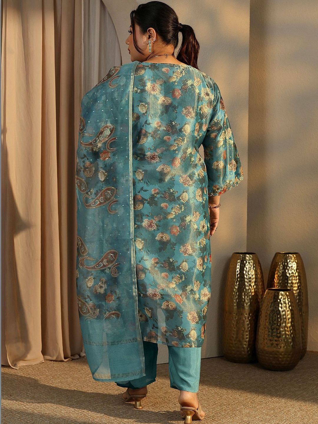 Dhiyona Women's Plus Size Floral Printed Kurta with Trousers & With Dupatta