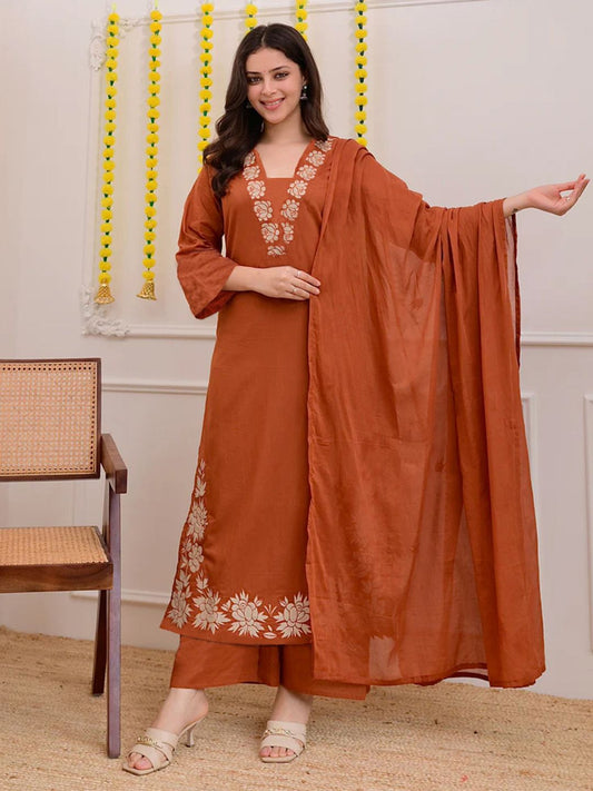 Dhiyona KL Women Ethnic Motifs Embroidered Regular Thread Work Kurta with Trousers & With Dupatta