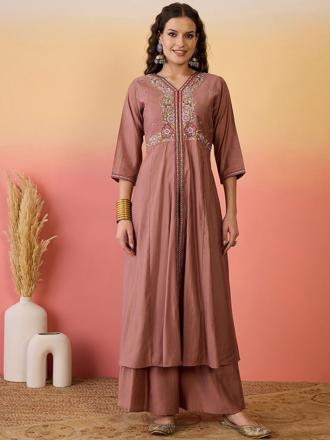 Dhiyona SN Floral Embroidered Silk Anarkali Kurta & Palazzo With Dupatta