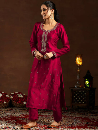 Women's LB Red Embroidered Silk Blend Straight Suit With Dupatta