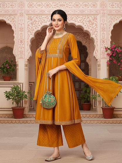 Dhiyona KL Floral Embroidered Empire Mirror Work Anarkali Kurta With Palazzos & Dupatta