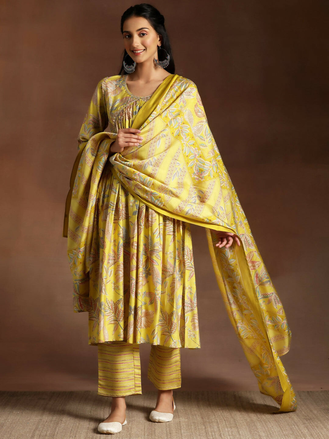 Women's LB Aashna Mustard Printed Silk Blend A-Line Kurta With Palazzos & Dupatta