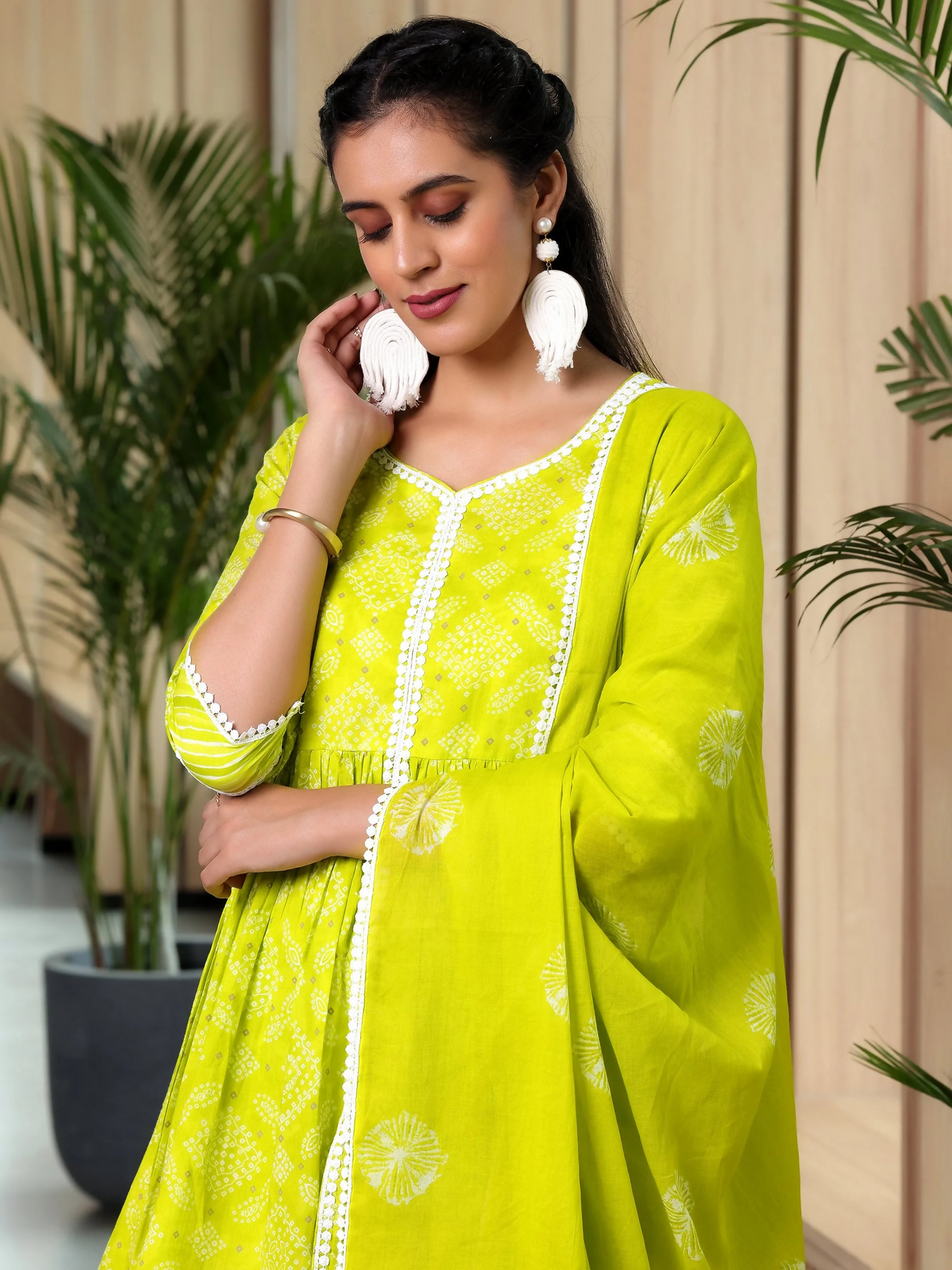 Women's LB Green Printed Cotton A-Line Kurti With Sharara & Dupatta