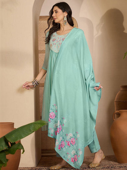 Sequence Thread Embroidered Round Neck Kurta & Trousers with Dupatta Set