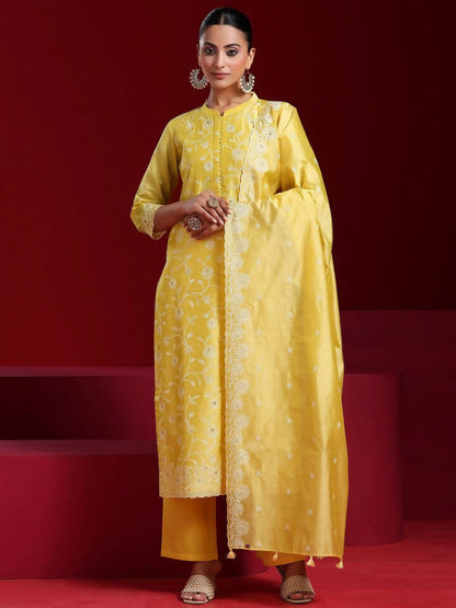 Women's LB Art Yellow Embroidered Chanderi Silk Straight Suit With Dupatta