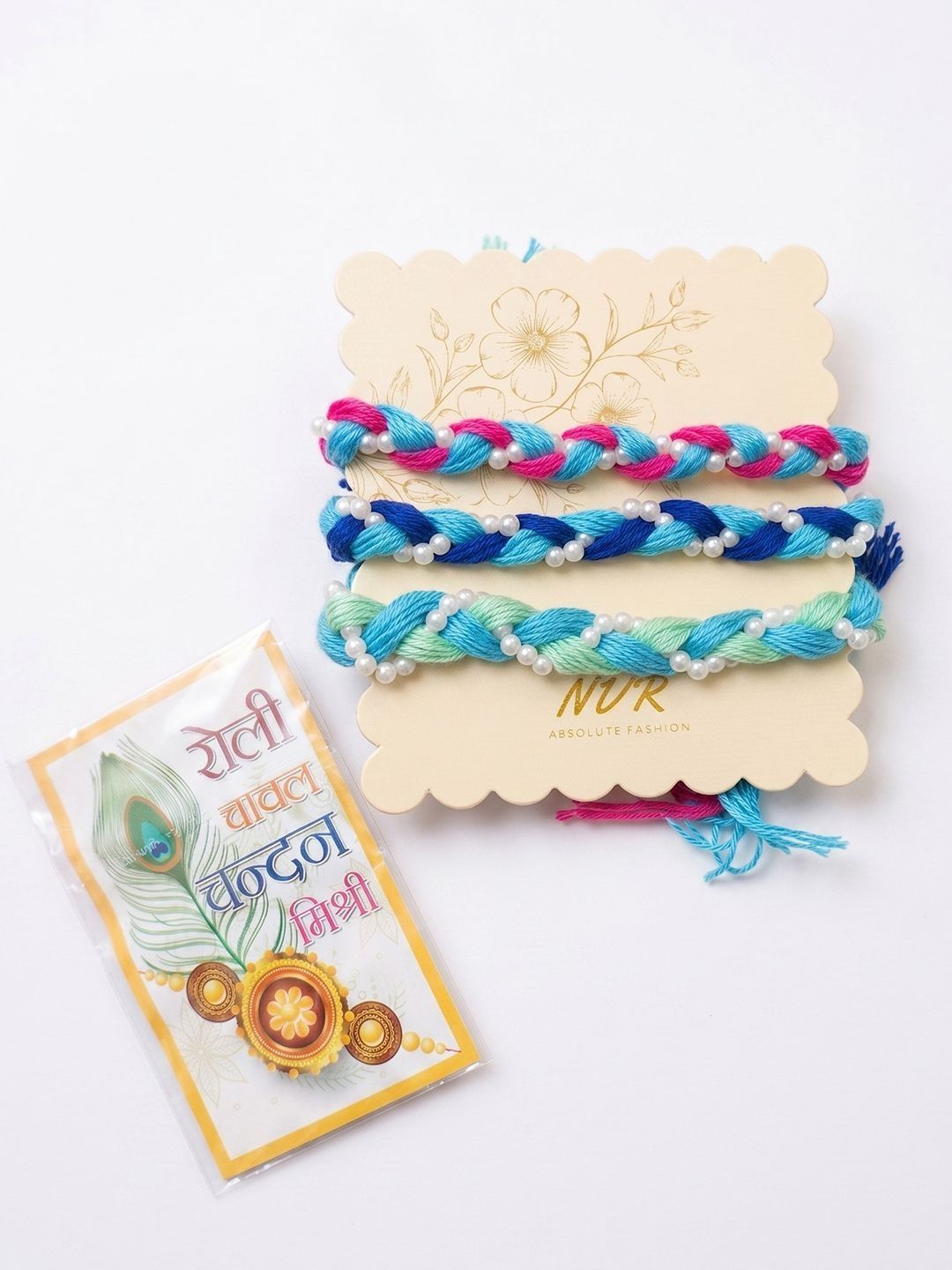 Dhiyona Set Of 3 Multicolor Thread Rakhi With Roli Chawal Chandan Mishri