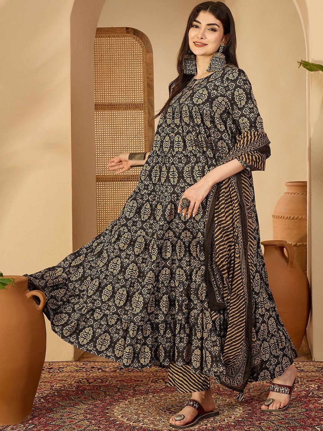 Women Ethnic Motifs Printed Tiered Pure Cotton Kurta with Palazzos & With Dupatta