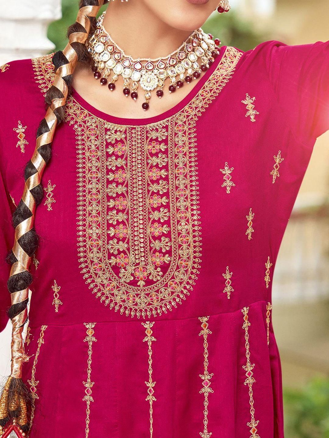 Dhiyona CH Women Woven Design Embroidered A-Line Kurta with Trousers & Dupatta