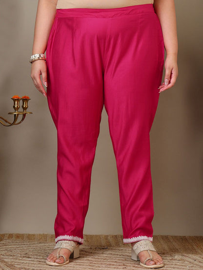 Dhiyona IN Women Plus Size Floral Embroidered Thread Work Kurta with Trousers & Dupatta