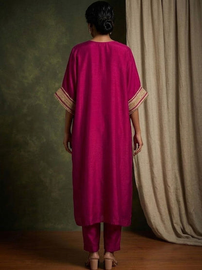 Embroidered V-Neck Kurta & Trousers