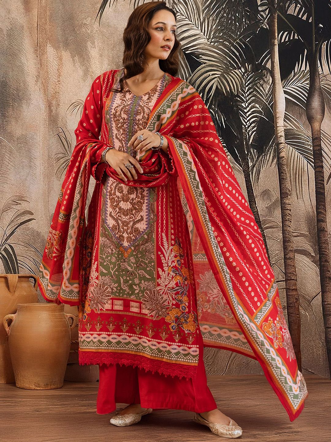Dhiyona SN Floral Printed V Neck Straight Kurta & Palazzos With Dupatta