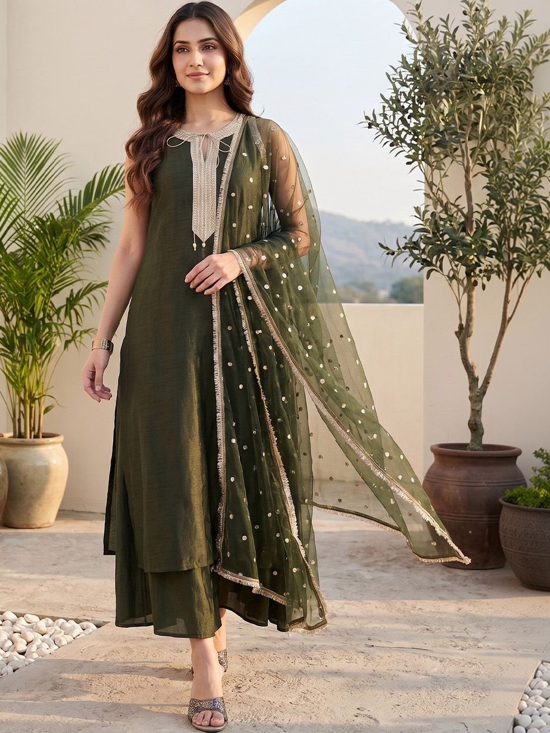 Olive Women Ethnic Motifs Regular Kurta with Palazzos & With Dupatta