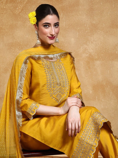 Dhiyona VA Women Ethnic Motifs Embroidered Regular Thread Work Kurta with Palazzos & With Dupatta