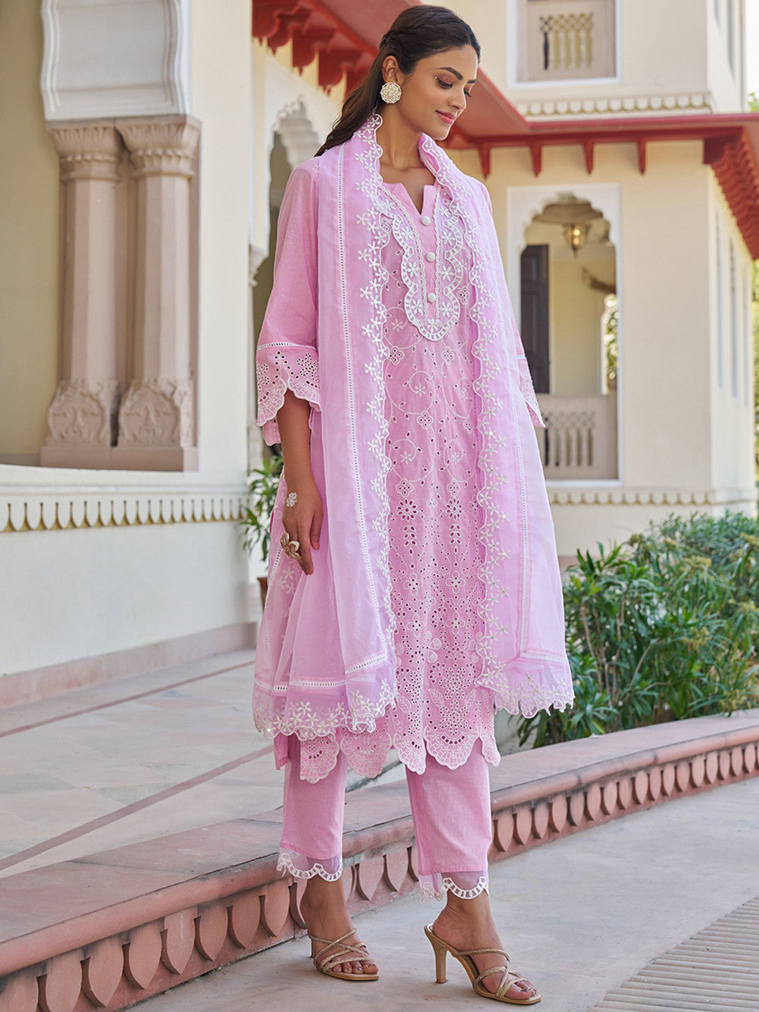 Women Floral Embroidered Cotton Kurta with Trousers & Dupatta