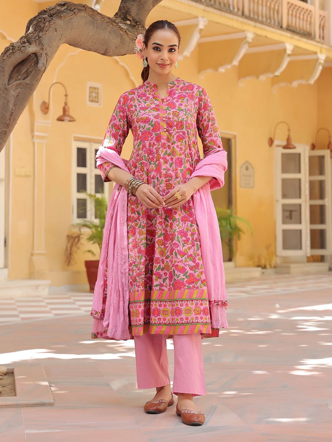 Dhiyona RR Women's Floral Printed Regular Pure Cotton Kurta with Trousers & With Dupatta