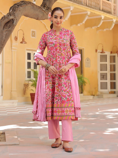 Dhiyona RR Women's Floral Printed Regular Pure Cotton Kurta with Trousers & With Dupatta
