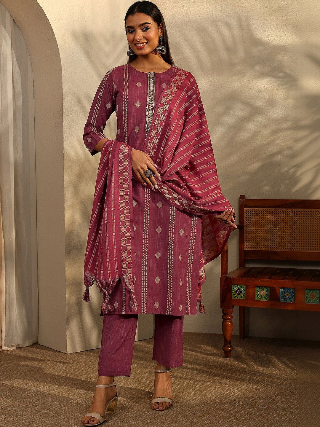Women Ethnic Motifs Printed Regular Thread Work Kurta with Trousers & With Dupatta